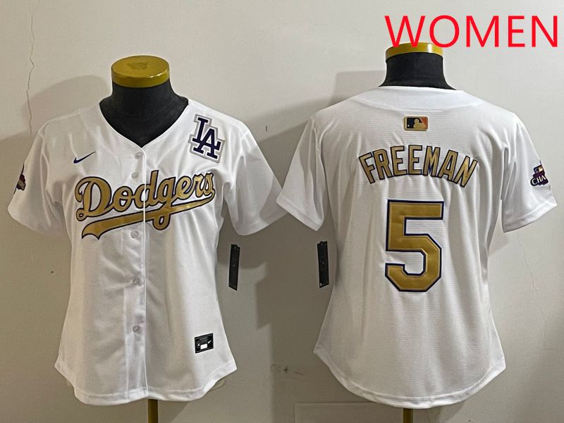 Women Los Angeles Dodgers 5 Freeman White Champion gold character 2025 Nike MLB Jersey style 4126